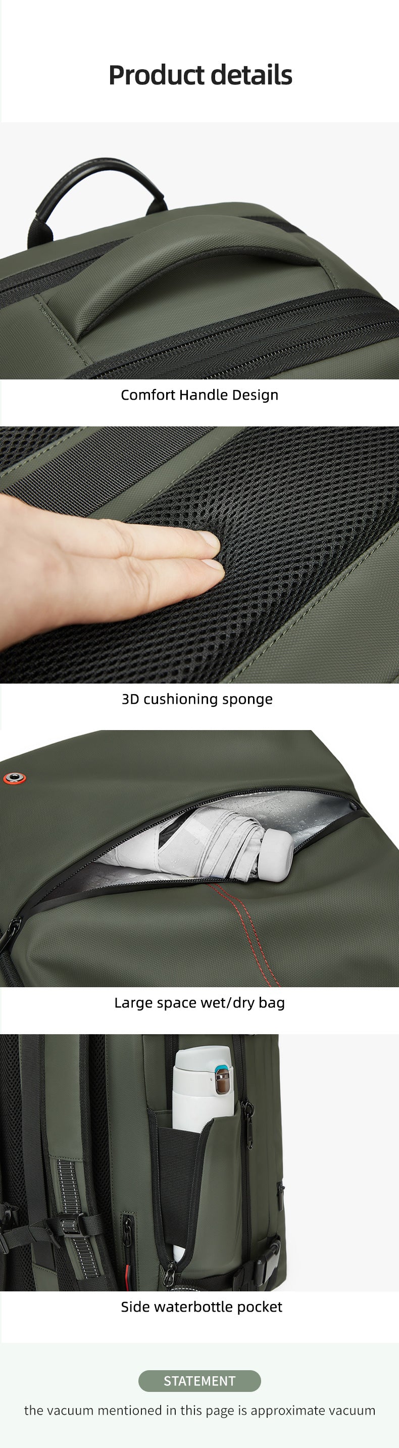 Green backpack with features highlighted on a white background
