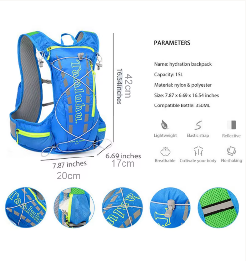 Blue hydration backpack with dimensions and feature callouts on a white background, including size measurements, material info, and close-up detail circles at the bottom.