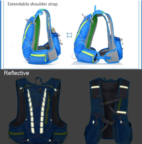 A product feature collage showing a blue running backpack from multiple angles. The top half shows two views of the extendable shoulder strap, and the bottom half shows reflective back and front strap details.