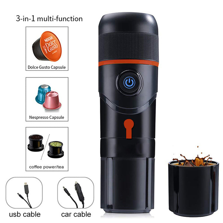 Black 3-in-1 multi-function device with Dolce Gusto and Nespresso capsule compatibility, USB cable, and car cable on a white background.