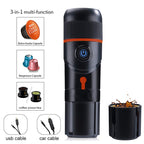 Black 3-in-1 multi-function device with Dolce Gusto and Nespresso capsule compatibility, USB cable, and car cable on a white background.