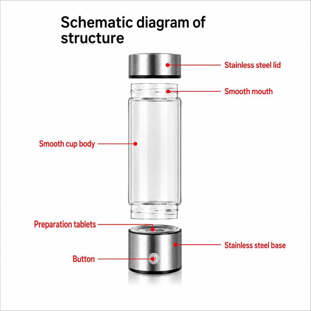 Exploded structure diagram of a grey hydrogen water bottle showing its stainless-steel lid and base, smooth mouth and bottle body, tablet chamber, and power button.