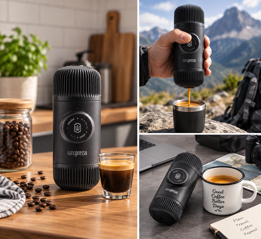 A collage showing a black portable coffee maker branded Nonpresso in three lifestyle and product shots: standing on a kitchen counter with coffee and beans, being held over a cup outdoors with mountains in the background, and resting beside a mug on a desk.