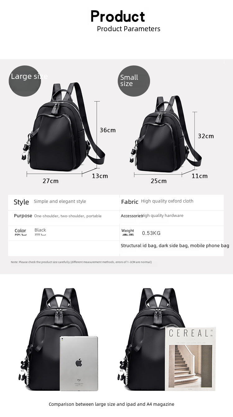 Product information graphic for a black backpack, showing large and small size diagrams with dimensions, plus photos of the backpack in use and a comparison with an iPad and magazine.