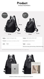 Product information graphic for a black backpack, showing large and small size diagrams with dimensions, plus photos of the backpack in use and a comparison with an iPad and magazine.
