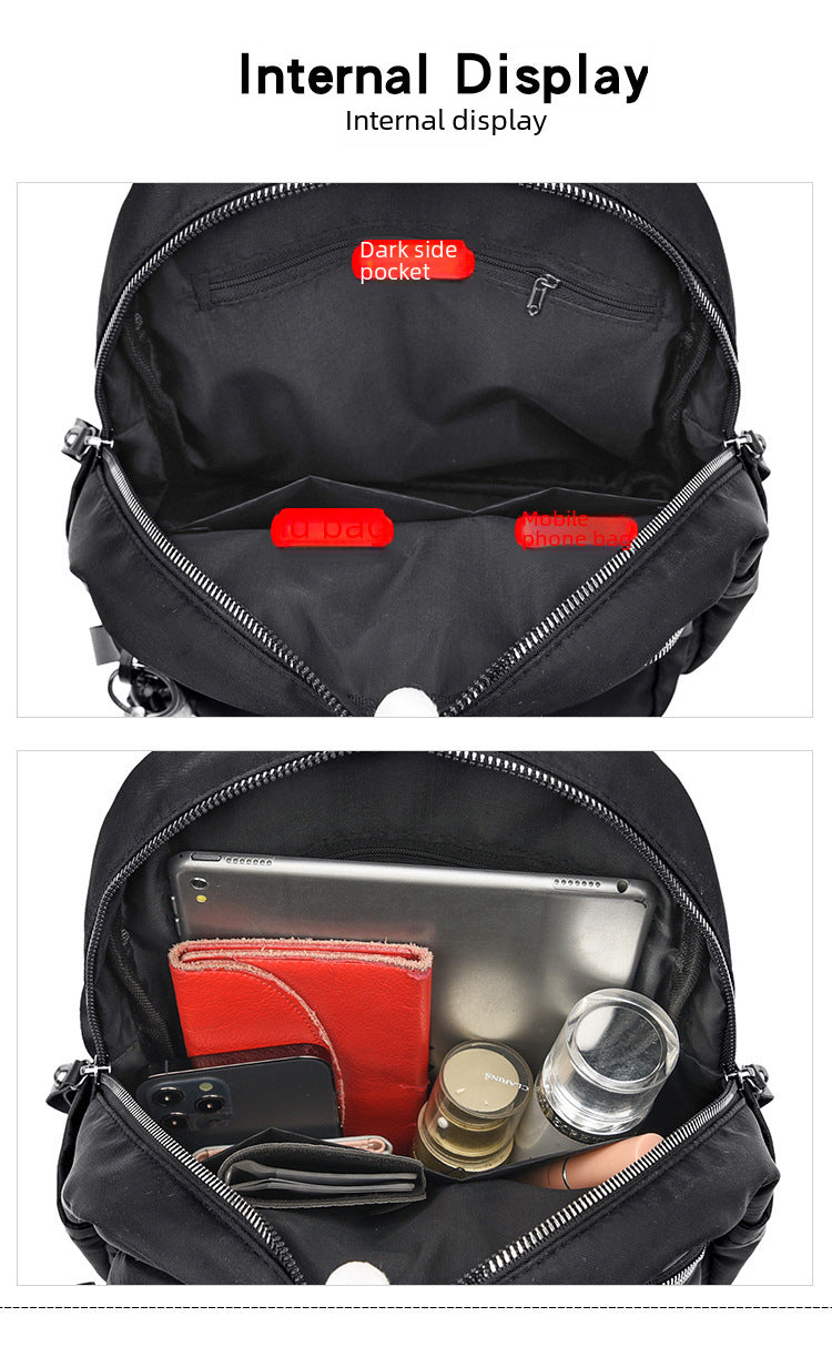 Two-panel product detail image showing the inside of a black backpack. The top panel is empty and labeled 'Dark-side pocket.