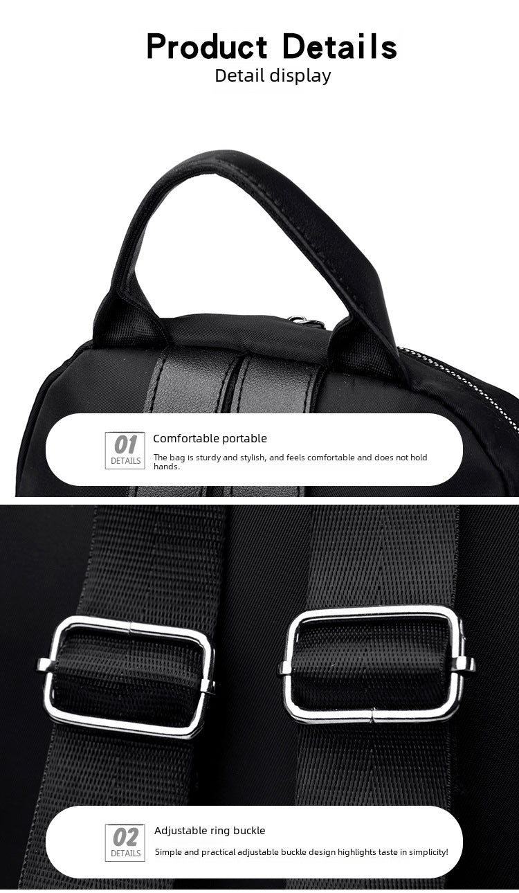 Product details graphic showing a black bag with a top handle and adjustable black webbing straps with silver buckles, with text labels describing comfort and adjustability.