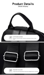 Product details graphic showing a black bag with a top handle and adjustable black webbing straps with silver buckles, with text labels describing comfort and adjustability.