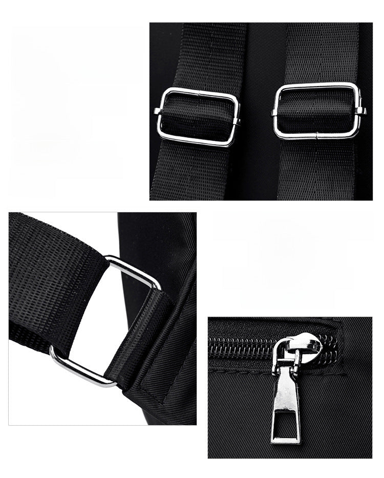 Close-up detail shots of a black fabric bag showing silver-tone metal hardware, including rectangular buckles, a strap attachment, and a zipper pull.