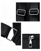 Close-up detail shots of a black fabric bag showing silver-tone metal hardware, including rectangular buckles, a strap attachment, and a zipper pull.