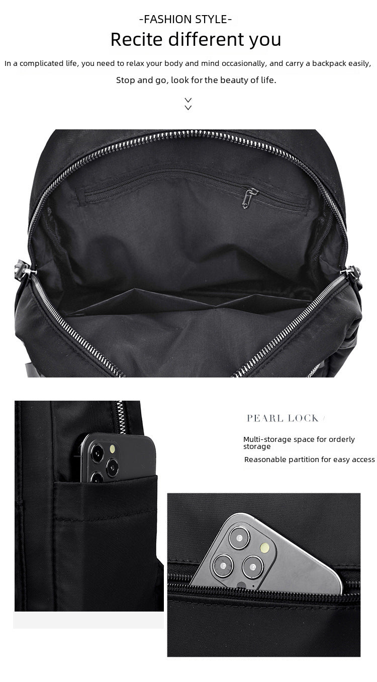 Black backpack shown from multiple angles with descriptive text overlays, featuring an open main compartment, side pocket with a phone inserted, and a close-up of the pearl lock zipper.