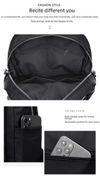 Black backpack shown from multiple angles with descriptive text overlays, featuring an open main compartment, side pocket with a phone inserted, and a close-up of the pearl lock zipper.