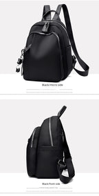 A black sling backpack shown from two angles on a light gray background, with text labels reading 'Black/micro side' and 'Black/front side'. The backpack has a smooth matte finish, multiple zippered compartments, and adjustable shoulder straps.