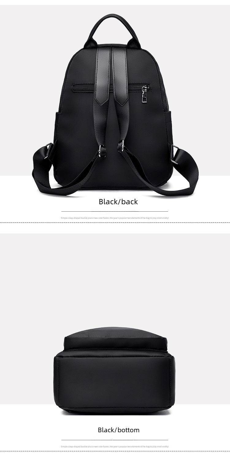 A black backpack shown from the back in two views on a light gray background, with text labels reading 'Black/back' and 'Black/bottom' beneath each view.