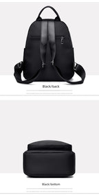 A black backpack shown from the back in two views on a light gray background, with text labels reading 'Black/back' and 'Black/bottom' beneath each view.