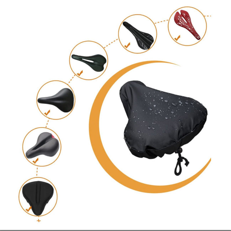 A black bicycle saddle cover shown on a white background, with circular inset images along the left side showing different saddle colors and a curved orange graphic behind the cover.