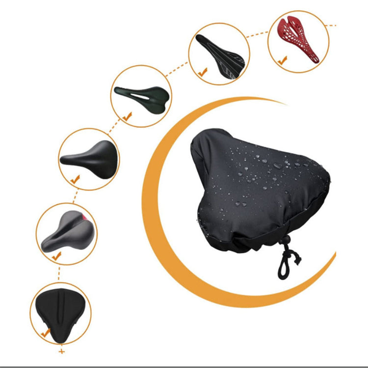 A black bicycle saddle cover shown on a white background, with circular inset images along the left side showing different saddle colors and a curved orange graphic behind the cover.