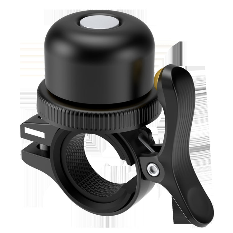 A black bicycle bell with an adjustable mounting clamp and a large lever, shown on a white background with faint gray graphic elements.