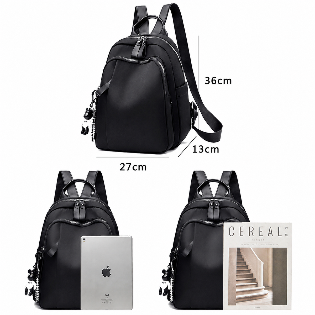 Black nylon backpack shown in three views on a white background, with dimension labels 36cm height, 27cm width, and 13cm depth, plus a tablet and a magazine placed in front to demonstrate capacity.