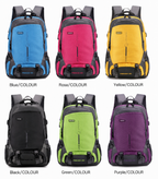 Six backpacks shown in a 2x3 grid on a white background, labelled Blue/COLOUR, Rose/COLOUR, Yellow/COLOUR, Black/COLOUR, Green/COLOUR, and Purple/COLOUR. The backpacks are shown in multiple colour options: blue, pink, yellow, black, lime green, and purple, with black and grey structural details.