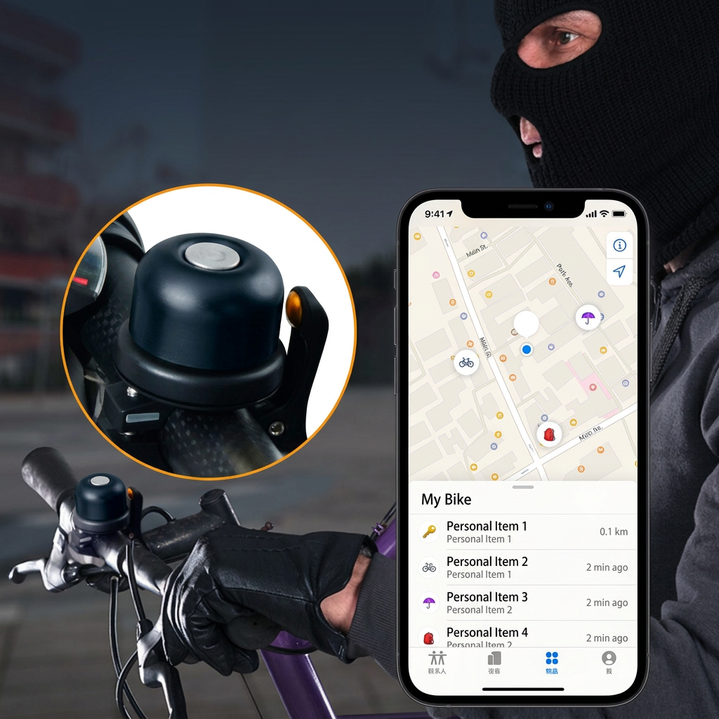 A close-up of a black bicycle bell mounted on a handlebar, shown with an inset detail circle and a smartphone displaying a tracking app on a rider wearing a black balaclava and gloves.
