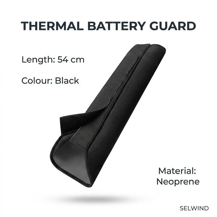Black battery guard with English specification labels