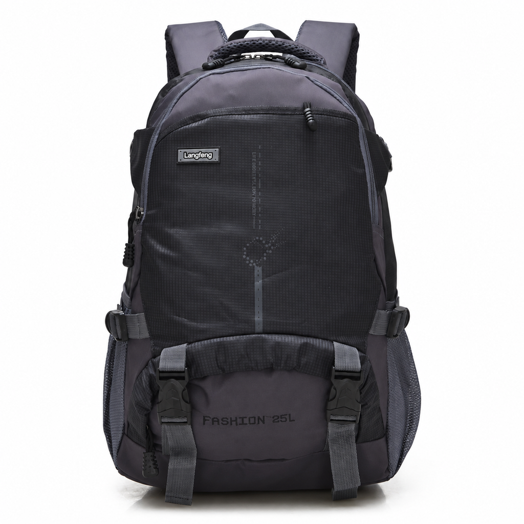 A dark gray and black backpack with multiple compartments, side pockets, and adjustable straps, shown against a plain white background.