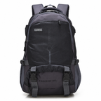 A dark gray and black backpack with multiple compartments, side pockets, and adjustable straps, shown against a plain white background.