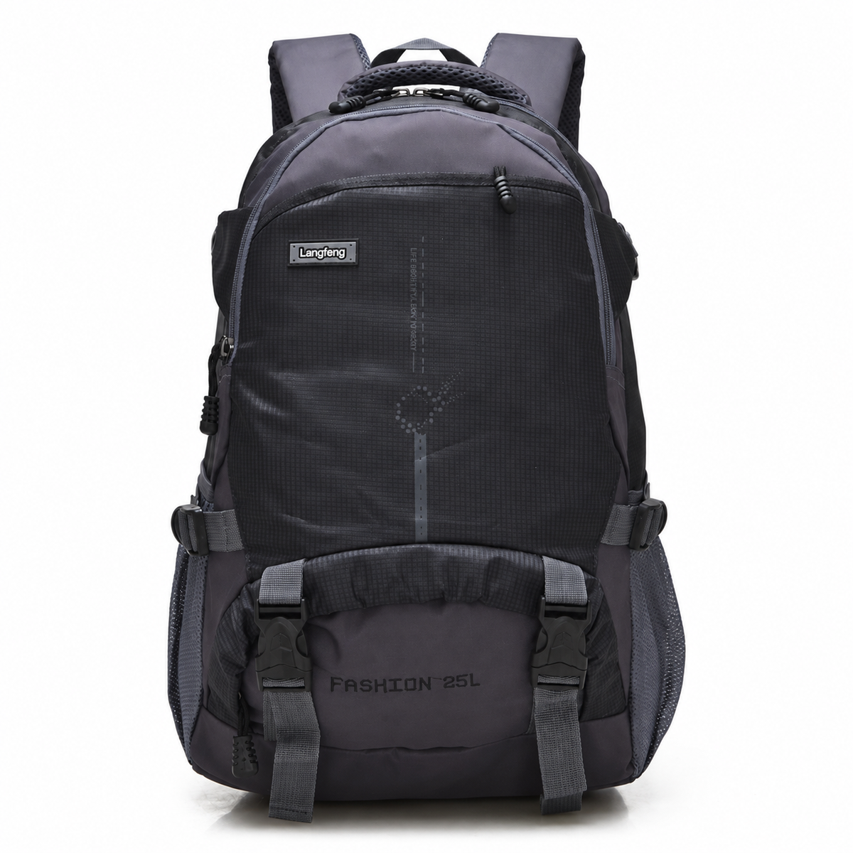 A dark gray and black backpack with multiple compartments, side pockets, and adjustable straps, shown against a plain white background.