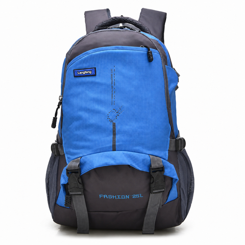 A blue and dark gray backpack with multiple compartments, side mesh pockets, and adjustable shoulder straps, shown on a plain white background.