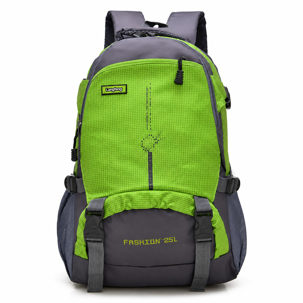 A 25L hiking backpack in bright lime green and dark gray, featuring multiple compartments, side mesh pockets, and adjustable straps, shown against a plain white background.