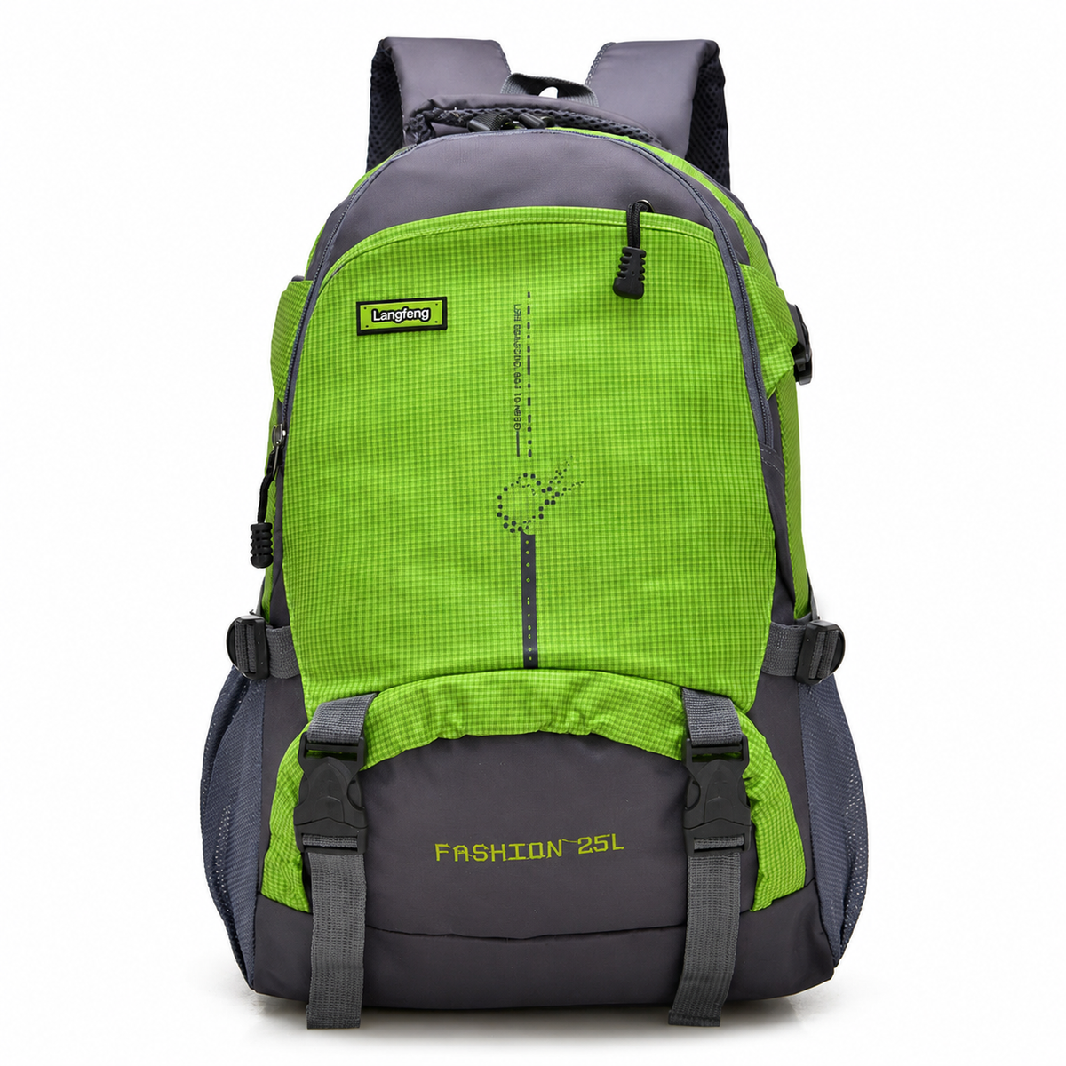 A 25L hiking backpack in bright lime green and dark gray, featuring multiple compartments, side mesh pockets, and adjustable straps, shown against a plain white background.
