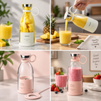 A four-panel collage showing a portable blender bottle in different colorways and usage scenarios. The bottle has a clear glass upper chamber, a white label with 'avouch' branding, and a ribbed silicone lower sleeve in white, pink, or light peach.