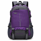 A purple and dark gray backpack with multiple compartments, side mesh pockets, and adjustable shoulder straps, shown against a plain white background.