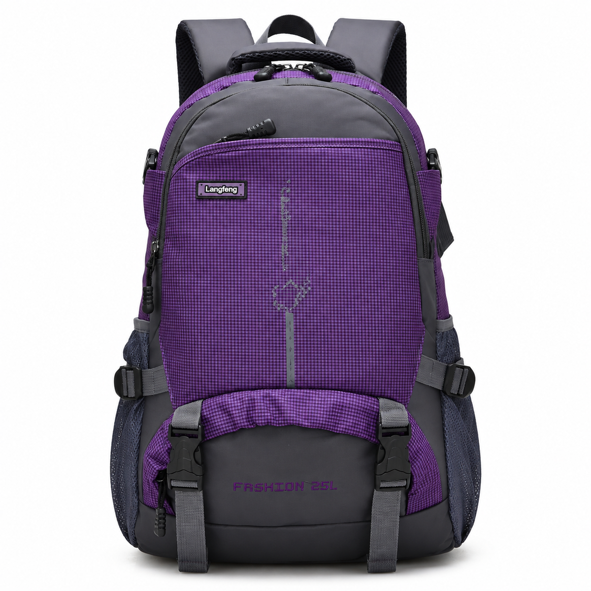 A purple and dark gray backpack with multiple compartments, side mesh pockets, and adjustable shoulder straps, shown against a plain white background.