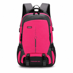 A pink and black 25L backpack shown from the front on a clean white background. The backpack features a bright pink main body with black accents, including the top handle, shoulder straps, side pockets, and bottom compression straps.