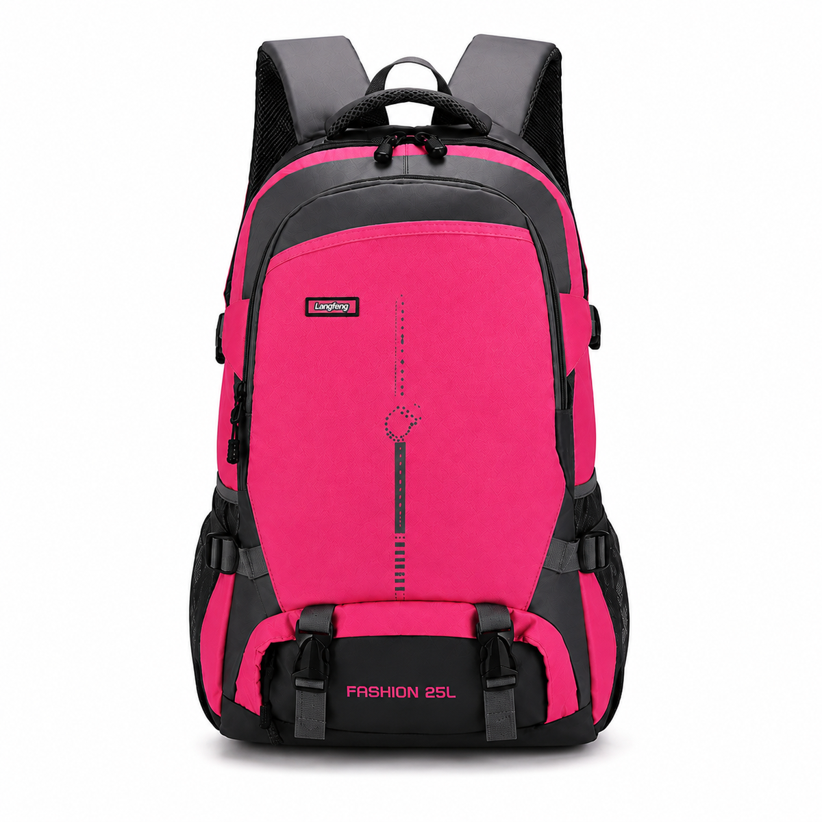 A pink and black 25L backpack shown from the front on a clean white background. The backpack features a bright pink main body with black accents, including the top handle, shoulder straps, side pockets, and bottom compression straps.
