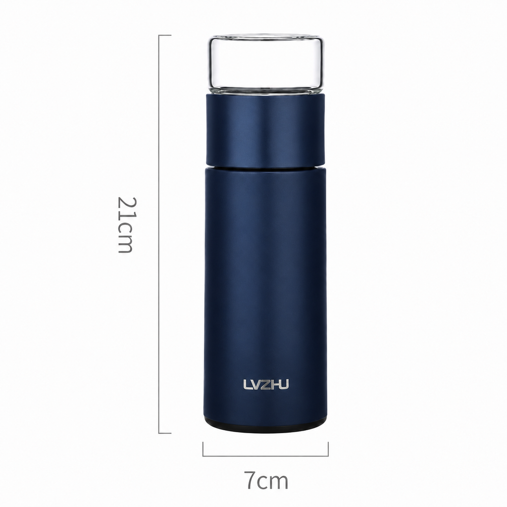 Navy blue portable tea infuser bottle with a transparent cap, shown with 21 × 7 cm dimensions.