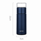 Navy blue portable tea infuser bottle with a transparent cap, shown with 21 × 7 cm dimensions.