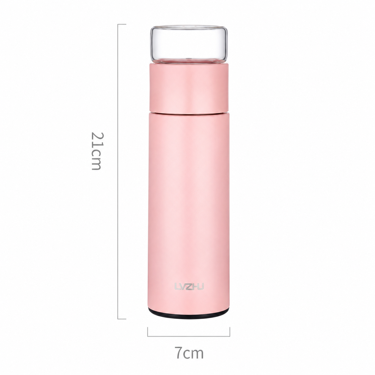 Pink portable tea infuser bottle with a transparent cap, shown with 21 × 7 cm dimensions.