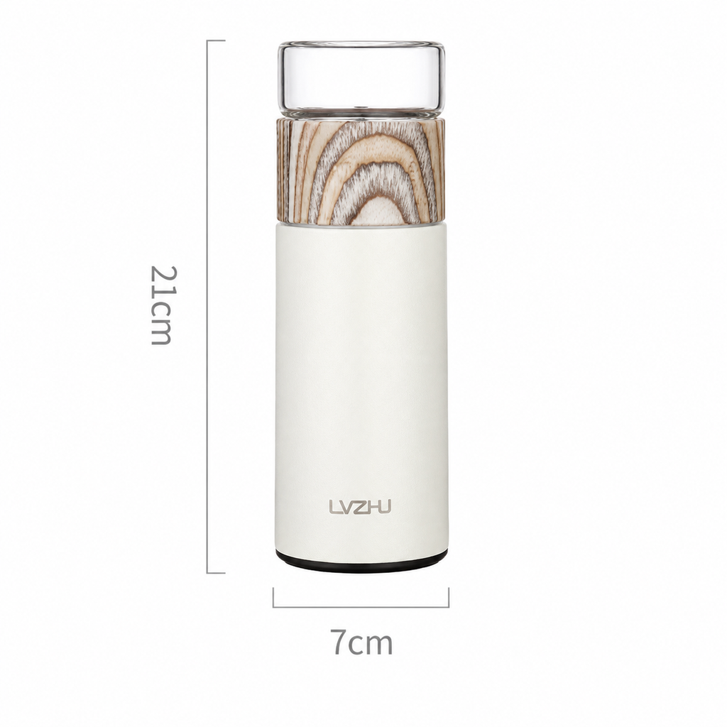 White portable tea infuser bottle with a transparent cap, wood-grain detail, and 21 × 7 cm dimensions.