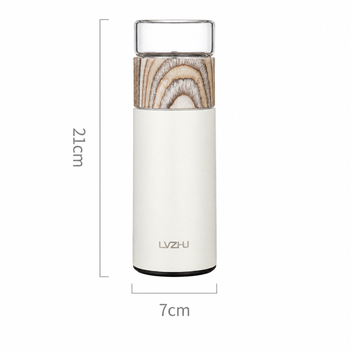 White portable tea infuser bottle with a transparent cap, wood-grain detail, and 21 × 7 cm dimensions.