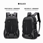 Two views of a black and dark grey backpack on a white background, labelled front display and side display, with the word BLACK at the top.