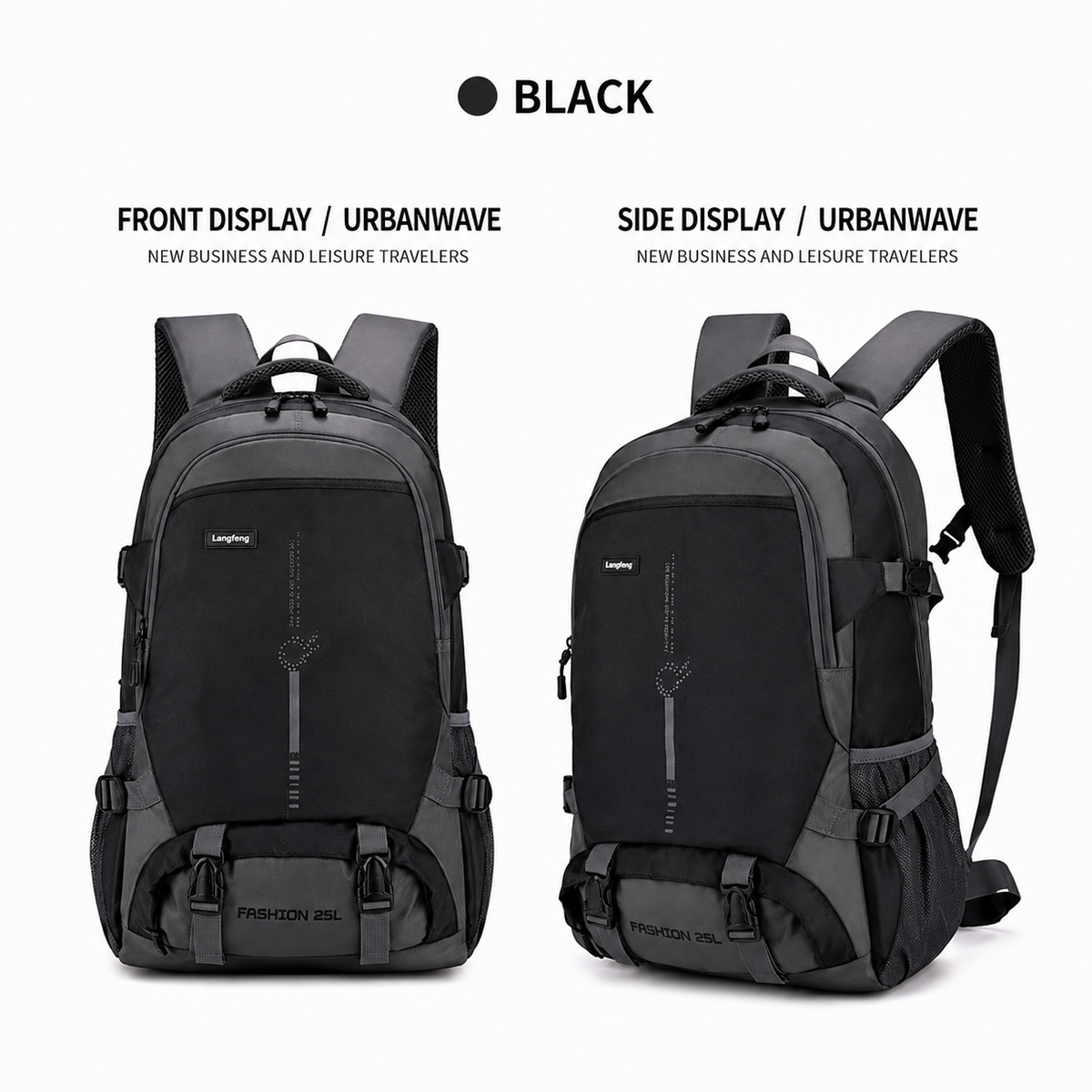 Two views of a black and dark grey backpack on a white background, labelled front display and side display, with the word BLACK at the top.