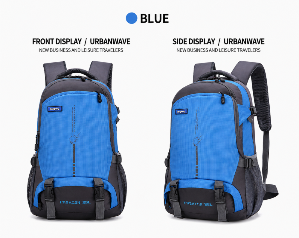 A blue and black backpack shown from front and side views on a light gray background, with text labels reading FRONT DISPLAY / URBANWAVE and SIDE DISPLAY / URBANWAVE. The top of the image includes a blue circle and the word BLUE.