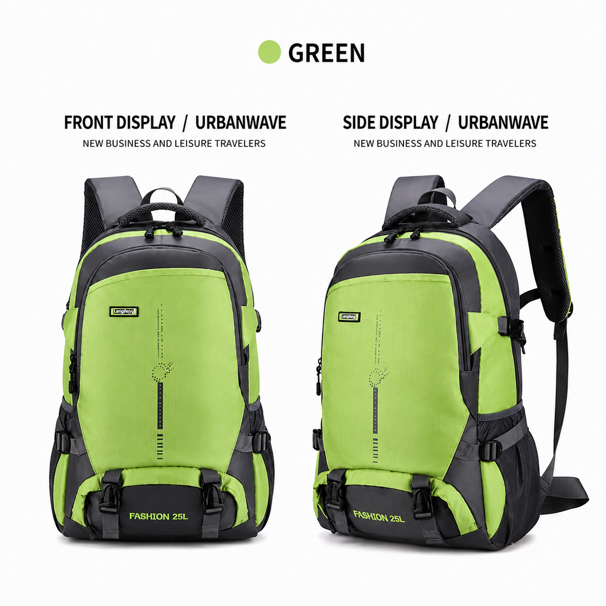 A bright lime green and black backpack shown from front and side views on a white background, with text labels reading FRONT DISPLAY / URBANWAVE and SIDE DISPLAY / URBANWAVE. The word GREEN appears at the top with a green dot.