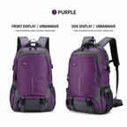 A purple and dark gray backpack shown from front and side views on a white background, with text labels reading FRONT DISPLAY / URBANWAVE and SIDE DISPLAY / URBANWAVE and a purple color callout at the top.