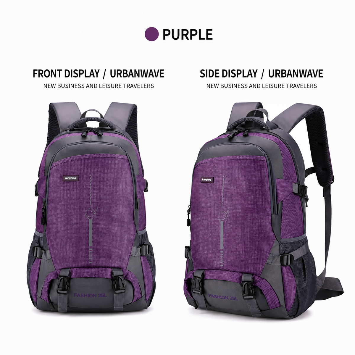 A purple and dark gray backpack shown from front and side views on a white background, with text labels reading FRONT DISPLAY / URBANWAVE and SIDE DISPLAY / URBANWAVE and a purple color callout at the top.