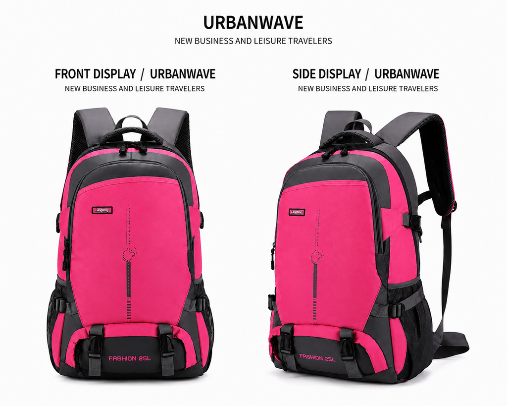 A pink and black backpack shown from front and side angles on a white background, with the text 'URBANWAVE' and descriptive labels above.