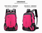 A pink and black backpack shown from front and side angles on a white background, with the text 'URBANWAVE' and descriptive labels above.